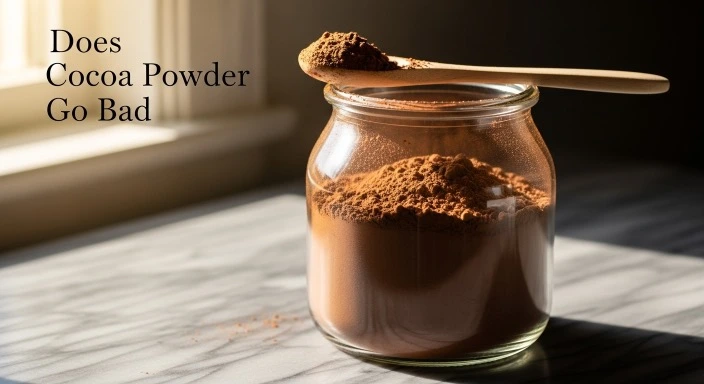 Cocoa powder in glass jar with spoon on marble surface.