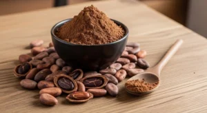 Cocoa powder and cocoa beans on rustic background.