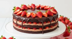 Chocolate strawberry cake with ganache and fresh berries.