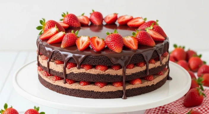 Chocolate strawberry cake with ganache and fresh berries.