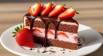 Slice of chocolate strawberry cake with ganache and berries.
