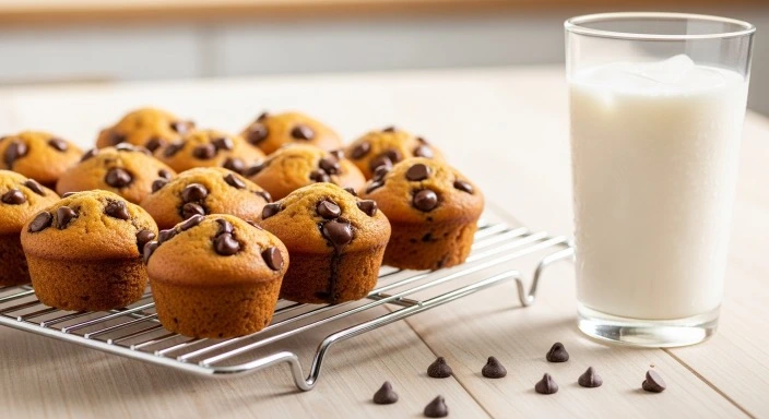 Freshly baked mini chocolate chip muffins cooling on rack.