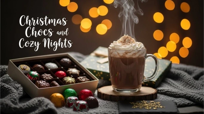 Christmas chocs and hot cocoa on a cozy winter night.