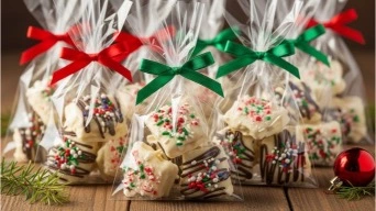 Gift-wrapped white chocolate Christmas cracks.
