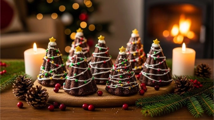 Chocolate Christmas tree cakes decorated for the holidays.
