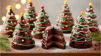 Decorated chocolate Christmas tree cakes with icing.