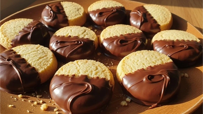 Packaged chocolate dipped shortbread cookies ready for gifting.