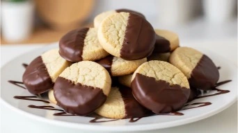 Packaged chocolate dipped shortbread cookies ready for gifting. -1