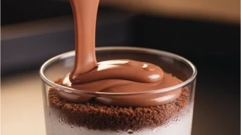 Pouring chocolate cream layer over dessert base