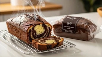 Fresh homemade chocolate swirl loaf compared to packaged loaf
