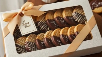 Packaged chocolate dipped shortbread cookies ready for gifting. -4