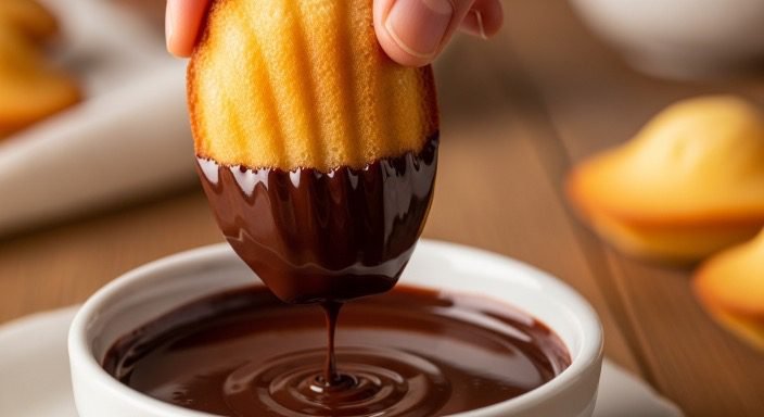 Dipping madeleine into melted chocolate for chocolate dipped madeleines
