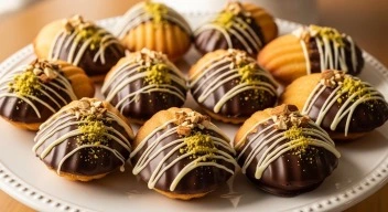 Chocolate dipped madeleines decorated with white chocolate drizzle and crushed nuts
