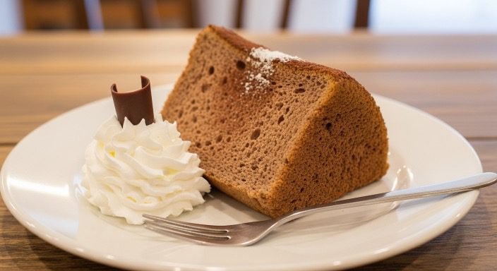 chocolate chiffon cake served with whipped cream
