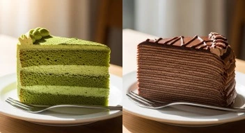 chocolate crepe cake and matcha cake dessert comparison

