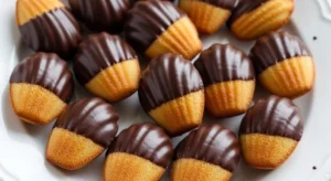 Chocolate dipped madeleines arranged on parchment paper with glossy dark chocolate coating