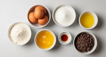 Ingredients for chocolate dipped madeleines including flour eggs sugar butter and dark chocolate
