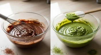Chocolate and matcha cake batter before swirling
