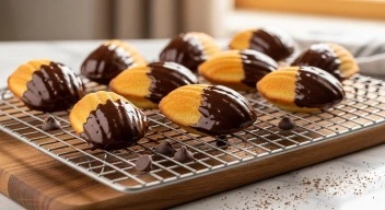 homemade chocolate dipped madeleines cooling on rack