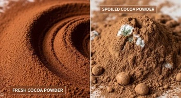 Fresh versus spoiled cocoa powder showing clumping mold and discoloration signs